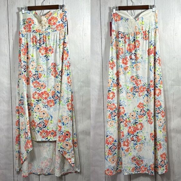Energie Womens Strapless Boho High Low Floral Y2K Summer Tan Orange Midi Dress - Picture 1 of 15